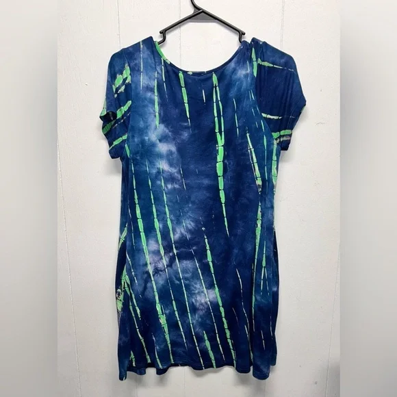 Umgee Blue & Green Tye Dye Short Sleeve Dress Size Medium - Picture 2 of 5
